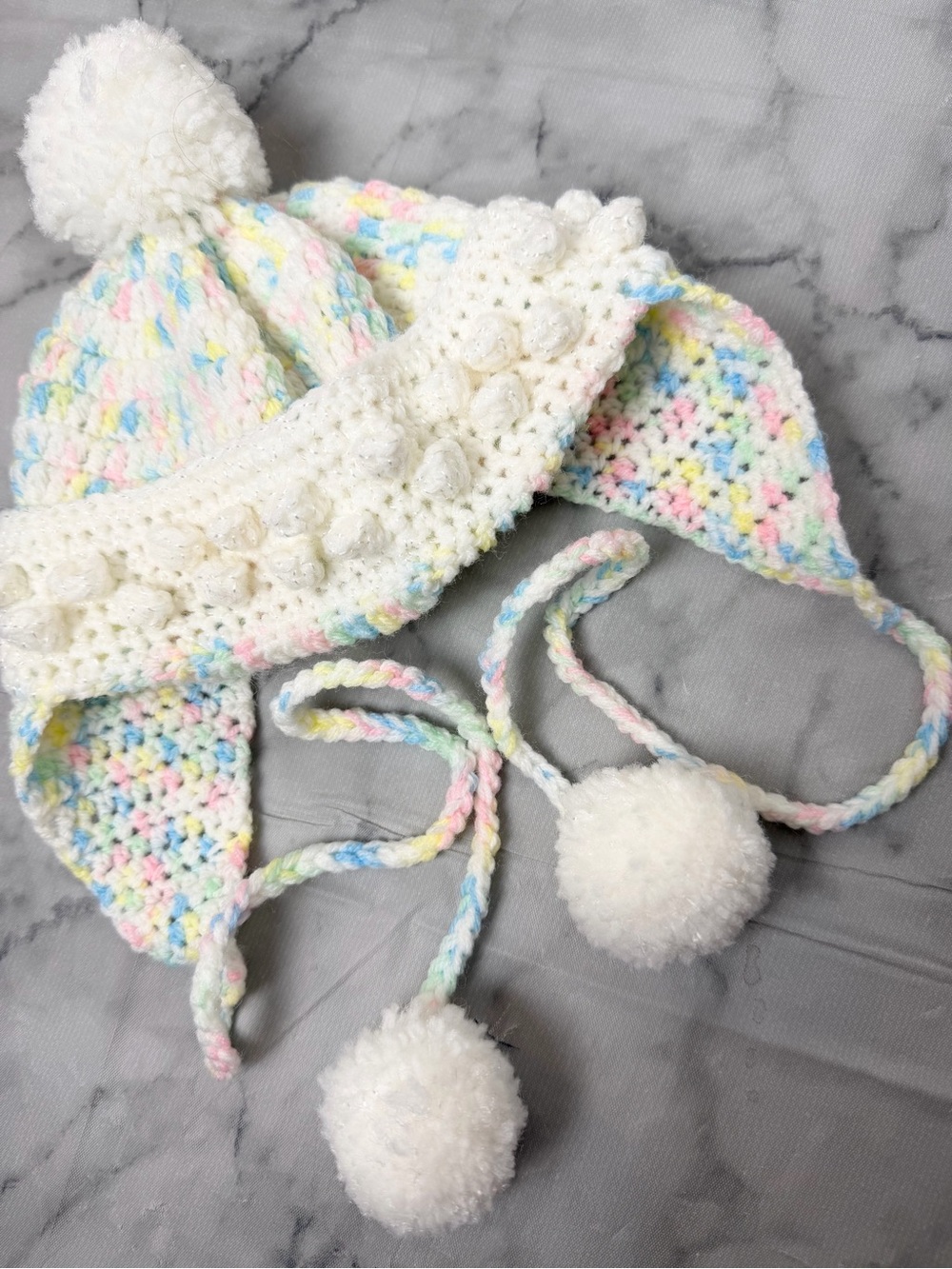 Pastel Crochet Pom Pom Earflap Beanie Hat Baby/Toddler Photoshoots Winter Cozy